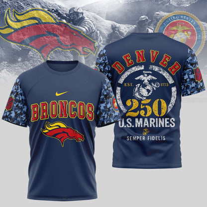 Denver Broncos T-Shirt NFL x USMC 250th Anniversary – Blue & Scarlet Limited Edition