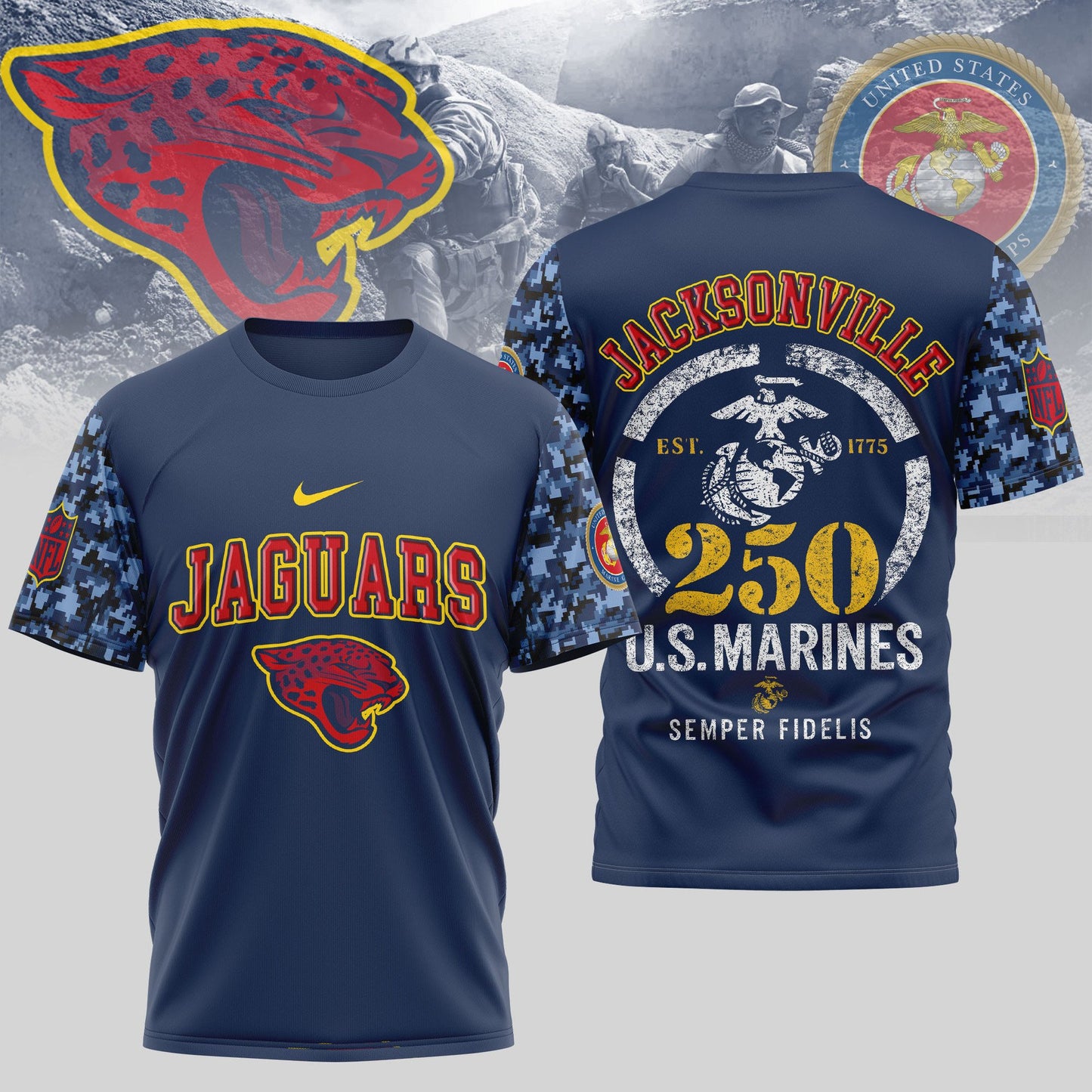 Jacksonville Jaguars NFL T-Shirt – USMC 250th Anniversary Tribute | Blue & Scarlet