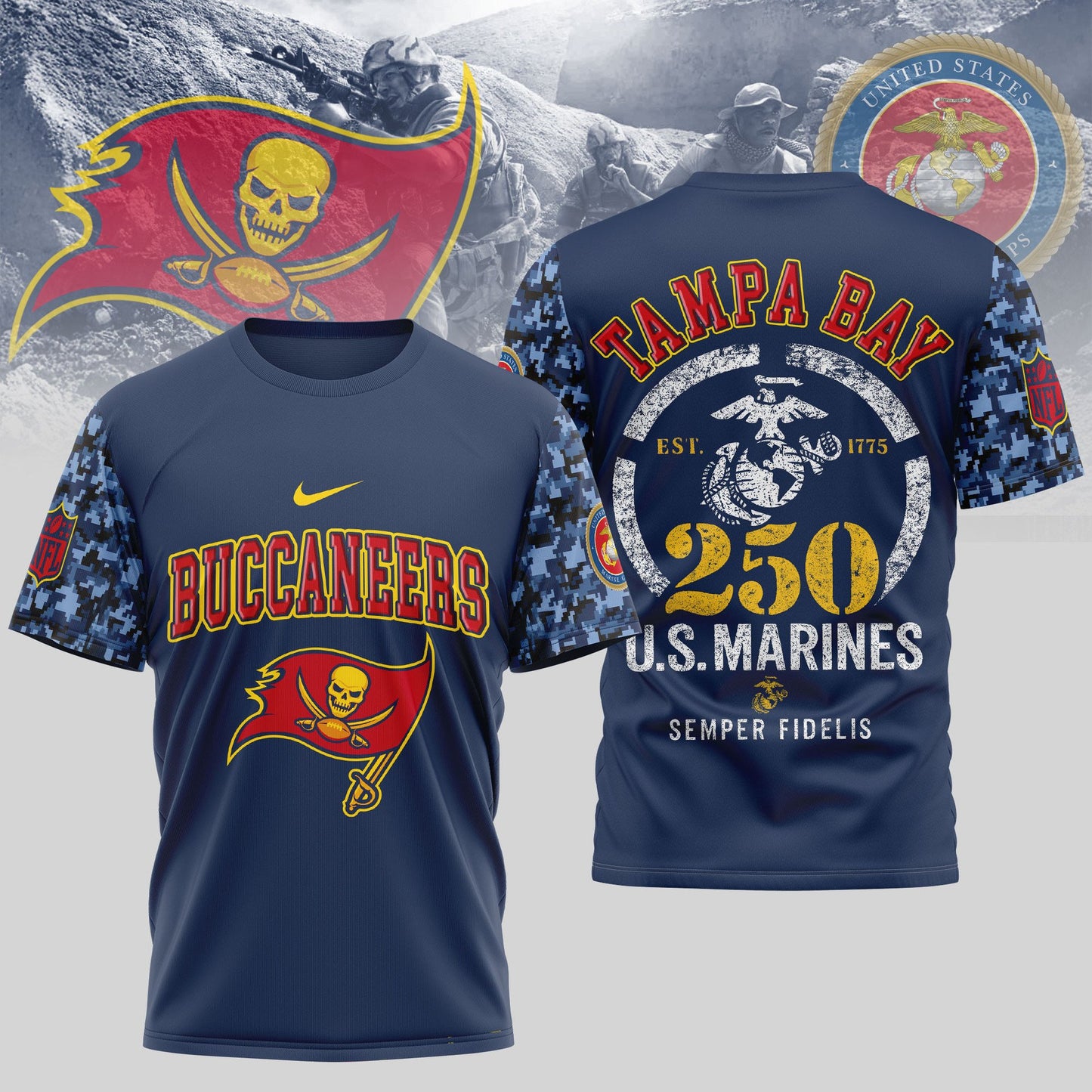 Tampa Bay Buccaneers T-Shirt | USMC 250th Anniversary Tribute | NFL Fan Gear