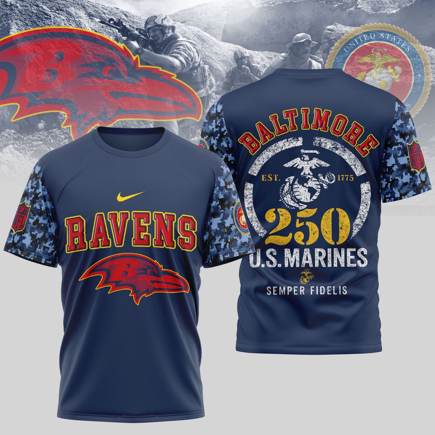 Baltimore Ravens T-Shirt | USMC 250th Anniversary Tribute | NFL Fan Gear | Blue & Scarlet