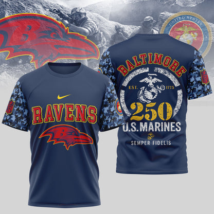 Baltimore Ravens T-Shirt | USMC 250th Anniversary Tribute | NFL Fan Gear | Blue & Scarlet
