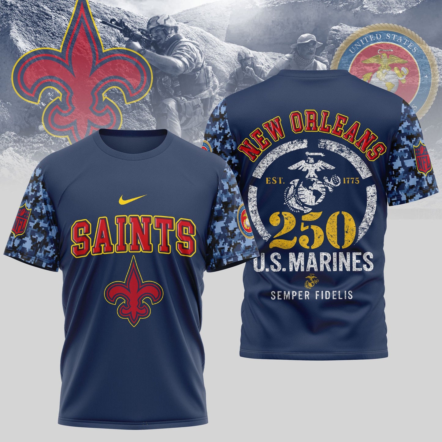 New Orleans Saints x USMC 250th Anniversary T-Shirt – NFL Football Fans Gift