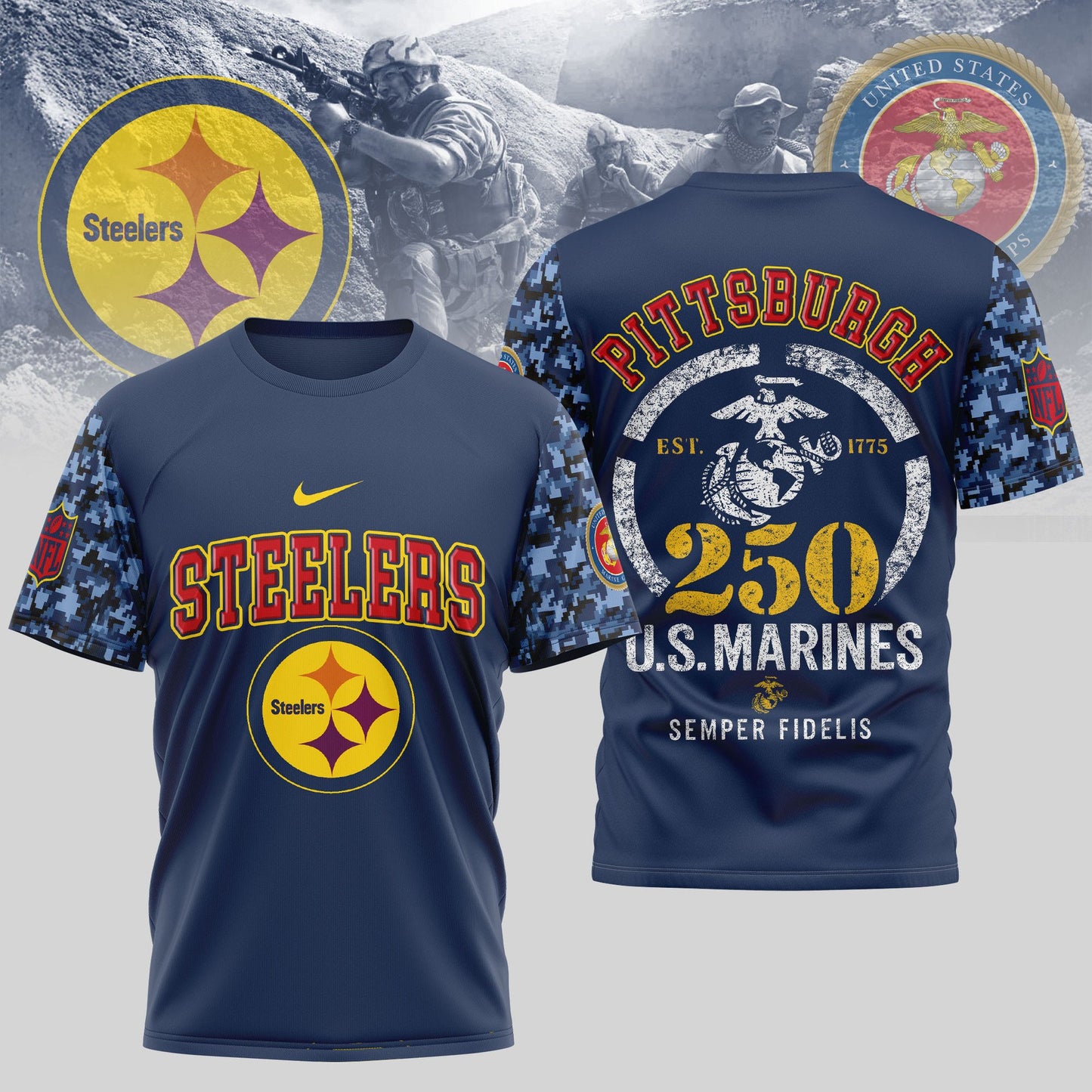 Pittsburgh Steelers x USMC 250th Anniversary T-Shirt – Blue & Scarlet Edition