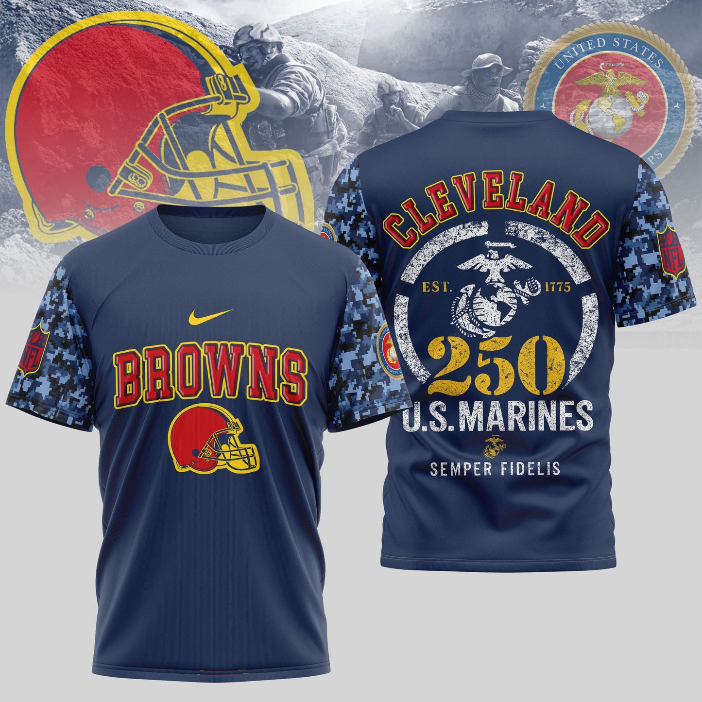 Cleveland Browns T-Shirt NFL x USMC 250th Anniversary – Scarlet & Blue Limited Edition