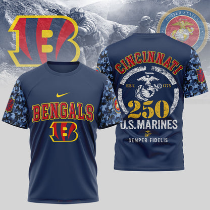 Cincinnati Bengals NFL T-Shirt x USMC 250th Anniversary Tribute | Blue & Scarlet