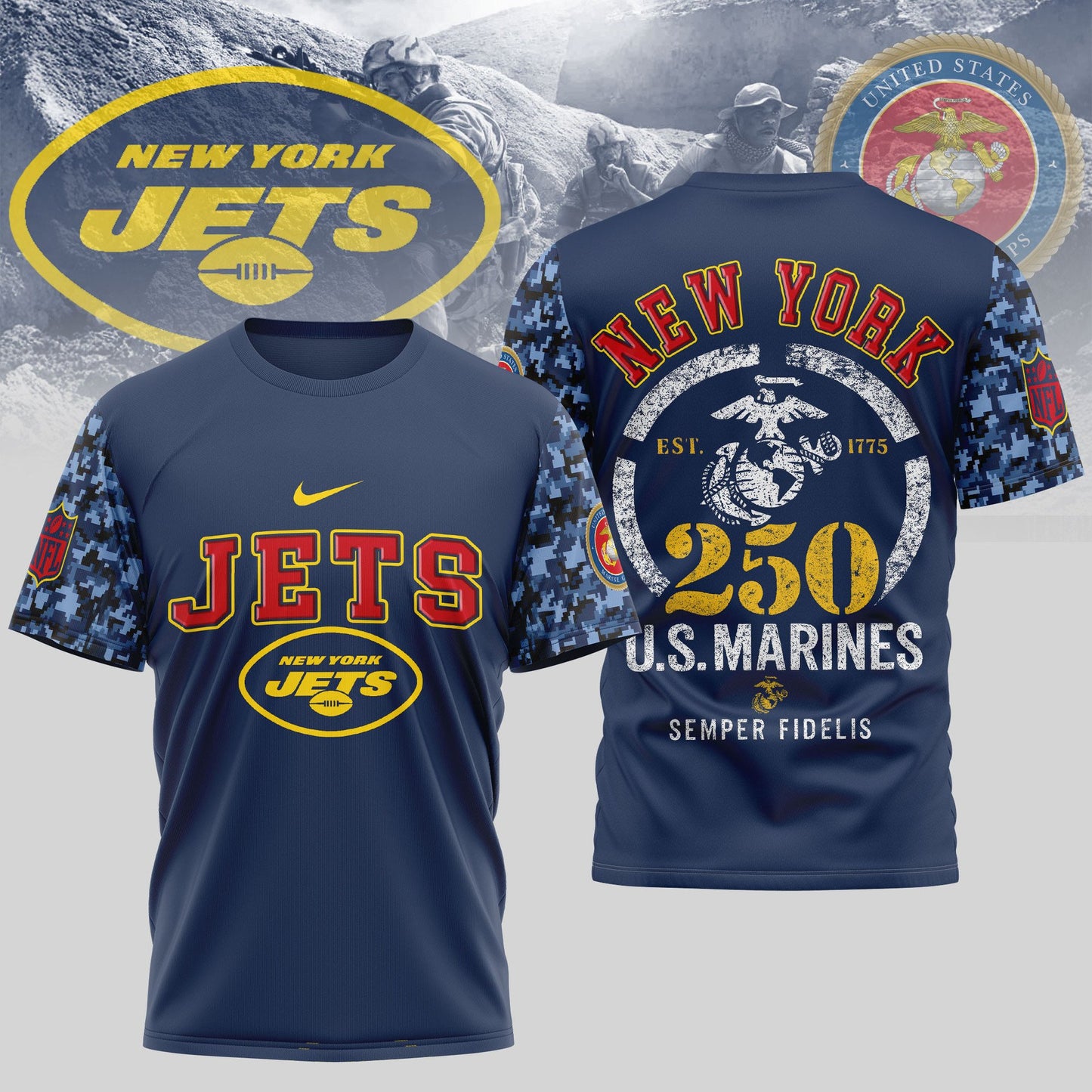 New York Jets USMC 250th Anniversary T-Shirt – NFL Veterans Tribute Shirt – Blue & Scarlet