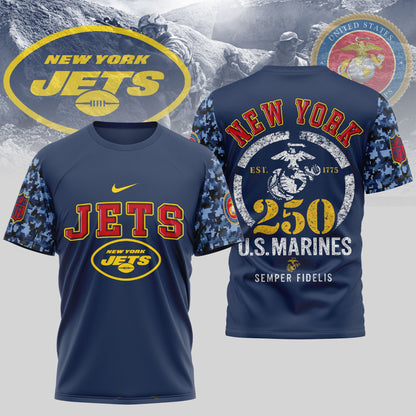 New York Jets USMC 250th Anniversary T-Shirt – NFL Veterans Tribute Shirt – Blue & Scarlet