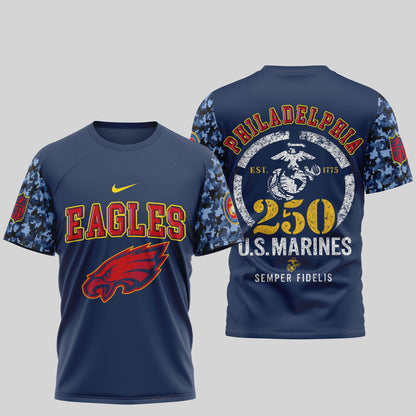 Philadelphia Eagles T-Shirt | USMC 250th Anniversary Tribute | NFL Fan Gear – Blue & Scarle