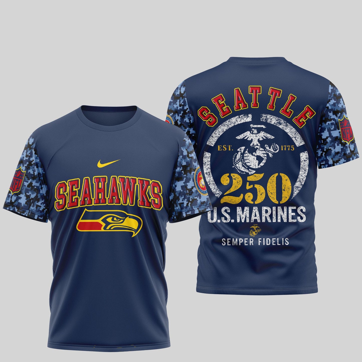 Seattle Seahawks x USMC 250th Anniversary T-Shirt – Blue & Scarlet Limited Edition
