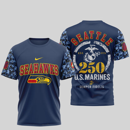Seattle Seahawks x USMC 250th Anniversary T-Shirt – Blue & Scarlet Limited Edition
