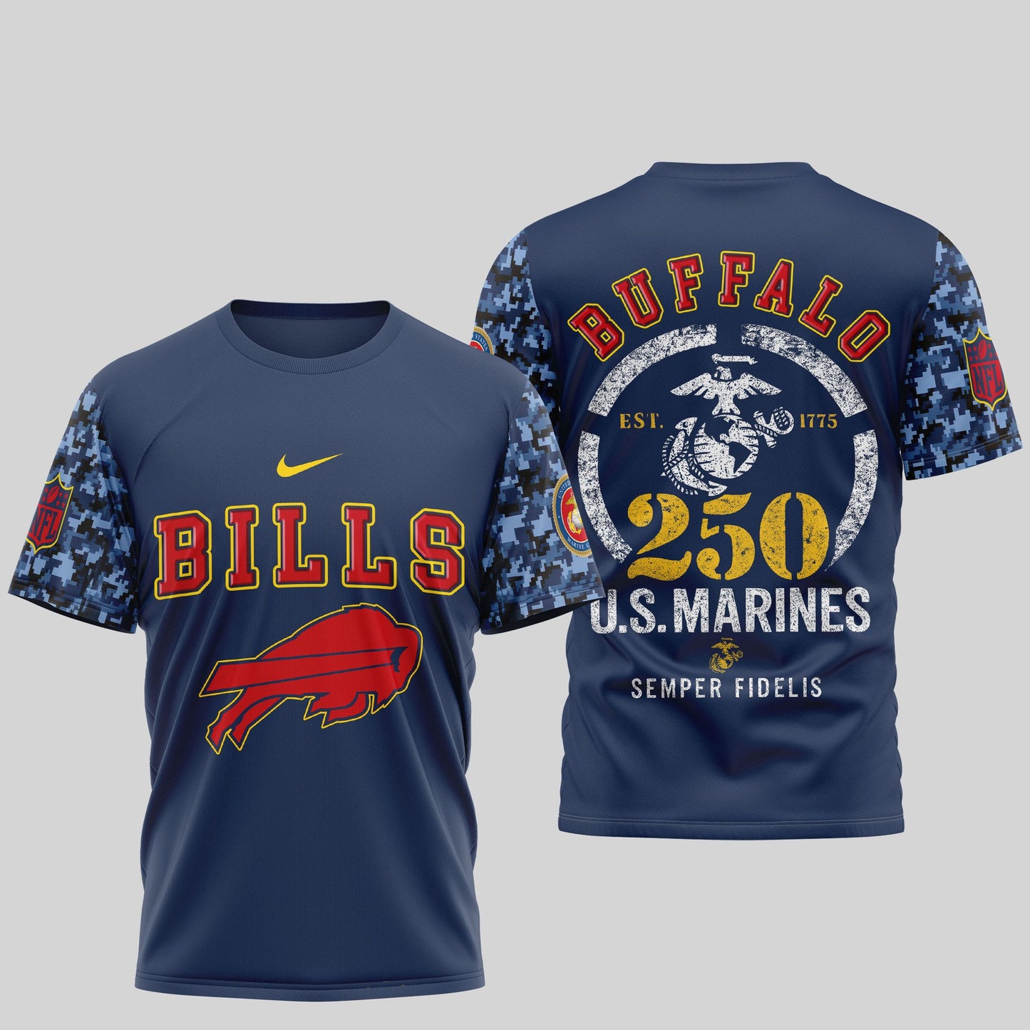 Buffalo Bills NFL T-Shirt | USMC 250th Anniversary Tribute | Blue & Scarlet Limited Edition