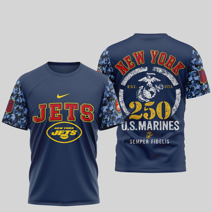New York Jets USMC 250th Anniversary T-Shirt – NFL Veterans Tribute Shirt – Blue & Scarlet