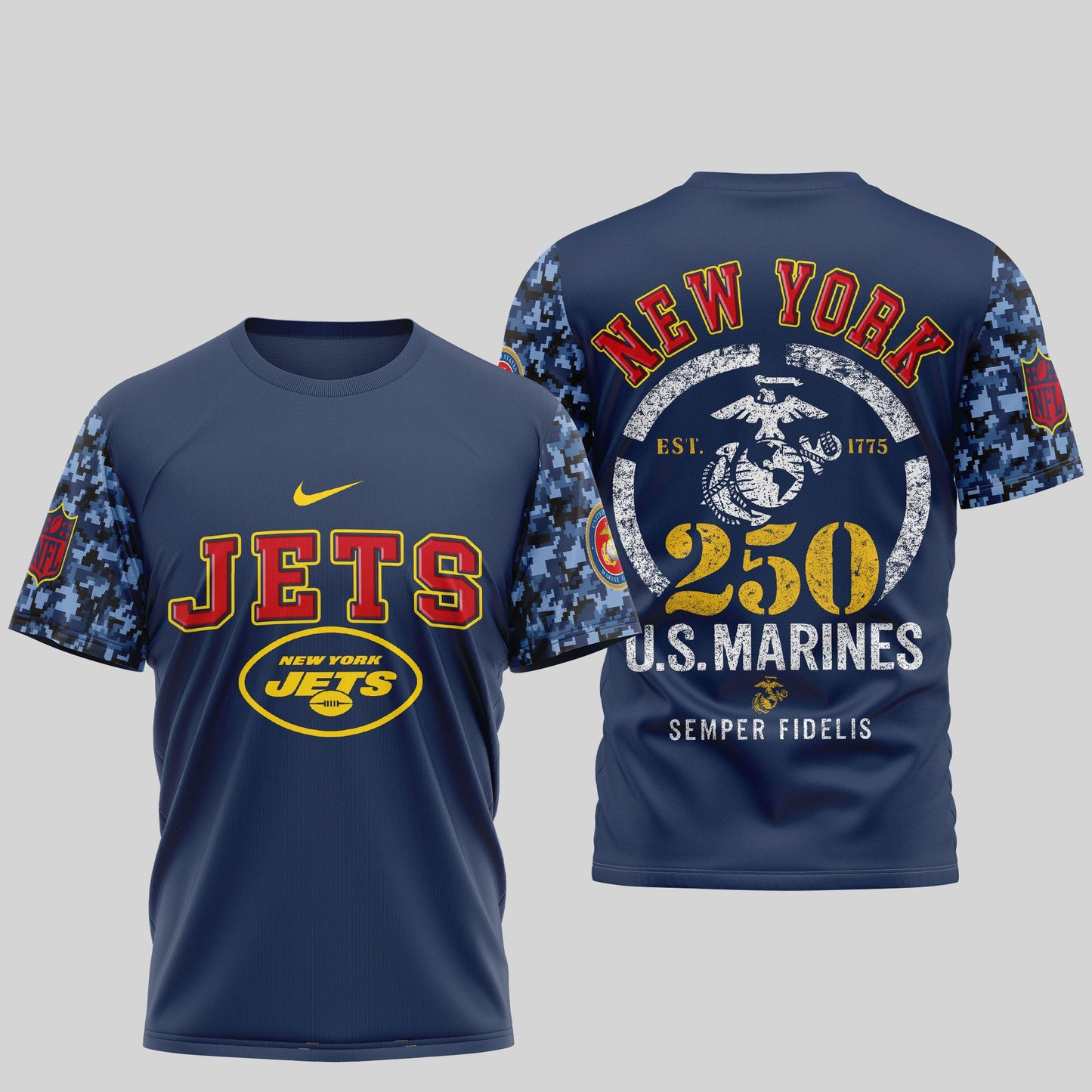New York Jets USMC 250th Anniversary T-Shirt – NFL Veterans Tribute Shirt – Blue & Scarlet