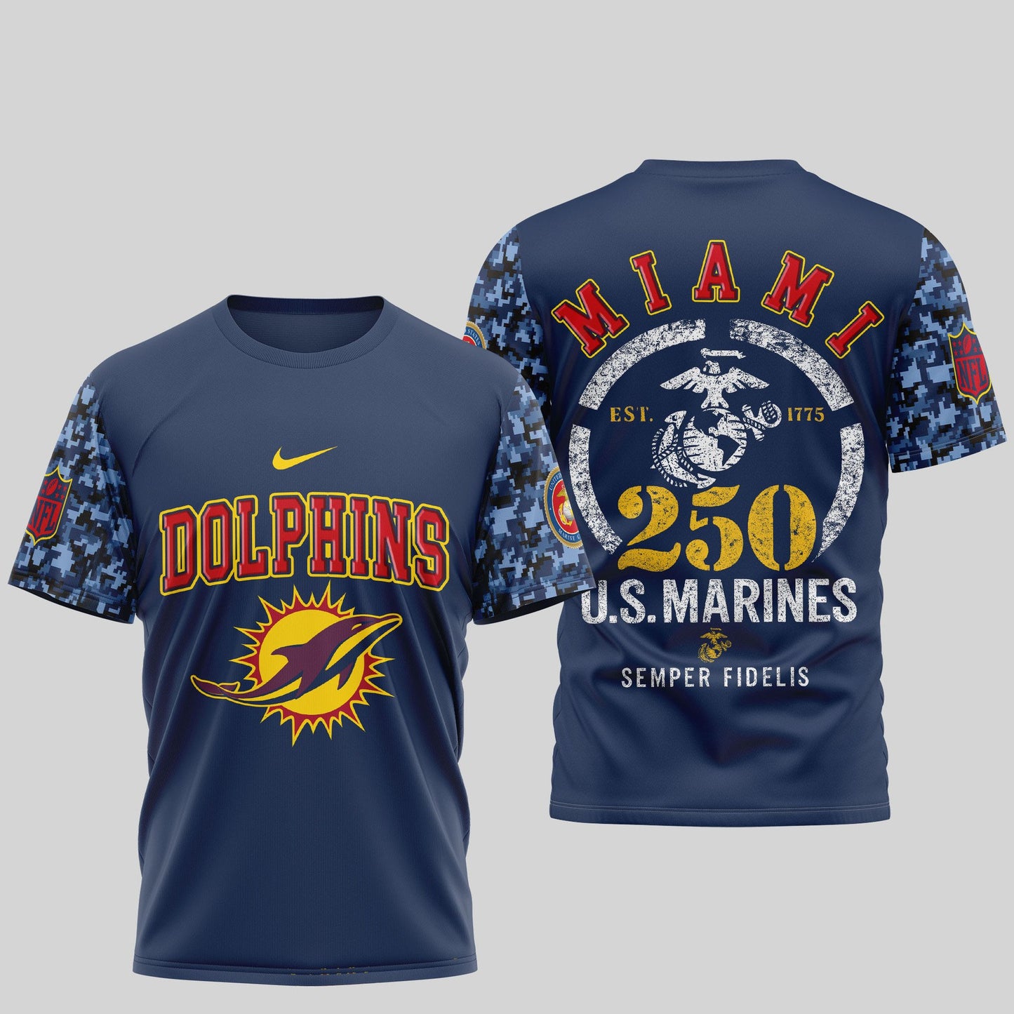 Miami Dolphins T-Shirt | USMC 250th Anniversary Tribute | NFL Football Fan Jersey – Blue & Scarlet