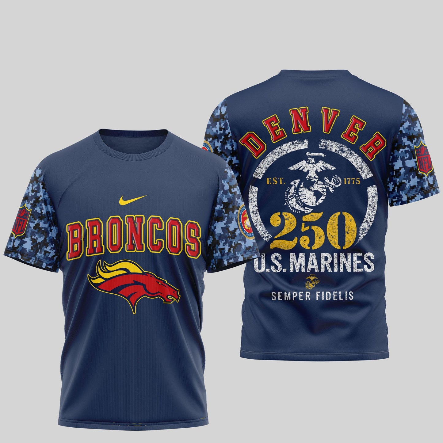 Denver Broncos T-Shirt NFL x USMC 250th Anniversary – Blue & Scarlet Limited Edition