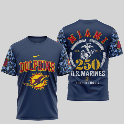 Miami Dolphins T-Shirt | USMC 250th Anniversary Tribute | NFL Football Fan Jersey – Blue & Scarlet