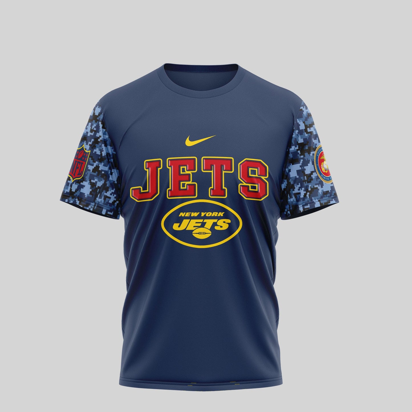 New York Jets USMC 250th Anniversary T-Shirt – NFL Veterans Tribute Shirt – Blue & Scarlet