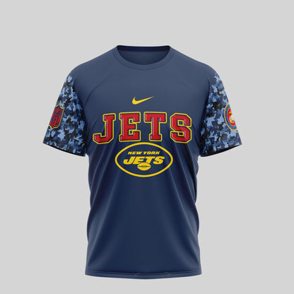 New York Jets USMC 250th Anniversary T-Shirt – NFL Veterans Tribute Shirt – Blue & Scarlet