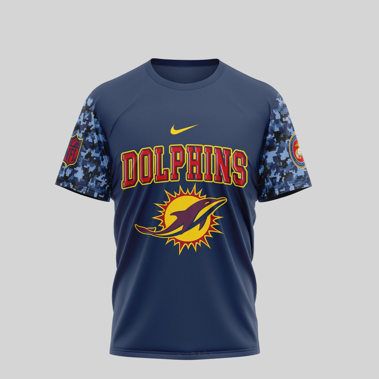 Miami Dolphins T-Shirt | USMC 250th Anniversary Tribute | NFL Football Fan Jersey – Blue & Scarlet