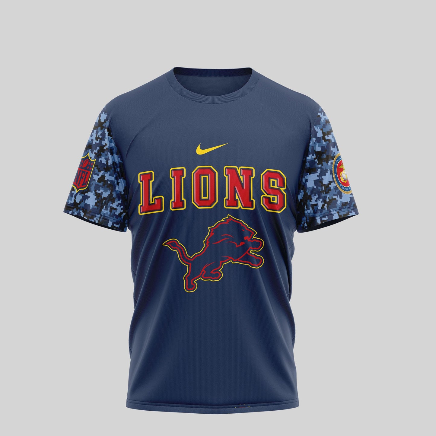 Detroit Lions NFL T-Shirt – USMC 250th Anniversary Tribute | Blue & Scarlet Edition