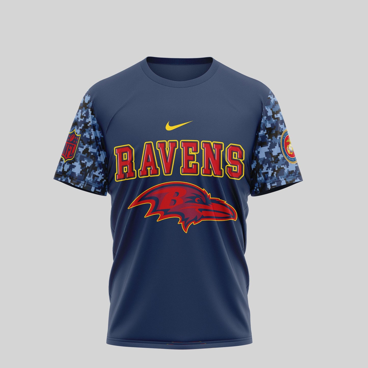Baltimore Ravens T-Shirt | USMC 250th Anniversary Tribute | NFL Fan Gear | Blue & Scarlet