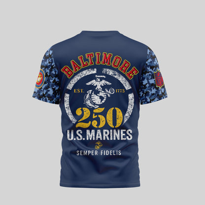 Baltimore Ravens T-Shirt | USMC 250th Anniversary Tribute | NFL Fan Gear | Blue & Scarlet