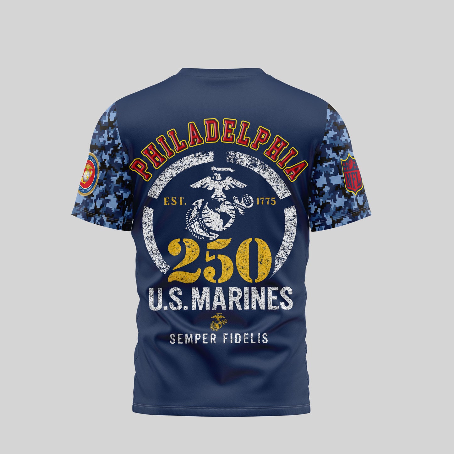 Philadelphia Eagles T-Shirt | USMC 250th Anniversary Tribute | NFL Fan Gear – Blue & Scarle